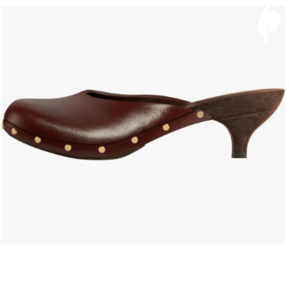 FSJ Burgundy Closed Toe Mules Wooden Kitten Heel Trendy Studded Slide Sandals - Picture 1 of 8